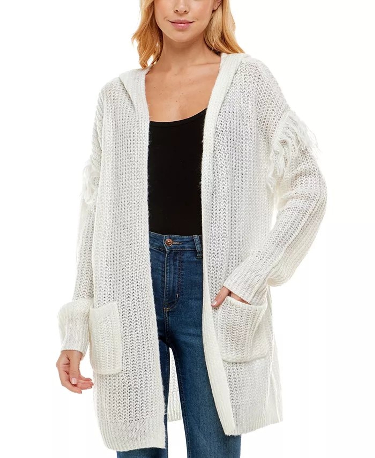 Almost Famous Junioru0026#039;s Textured Fringe Trim Hooded Cardigan - Size L |  eBay