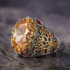 925 Sterling Silver Orange Citrine Stone Turkish Handmade Men's Ring Tree Life