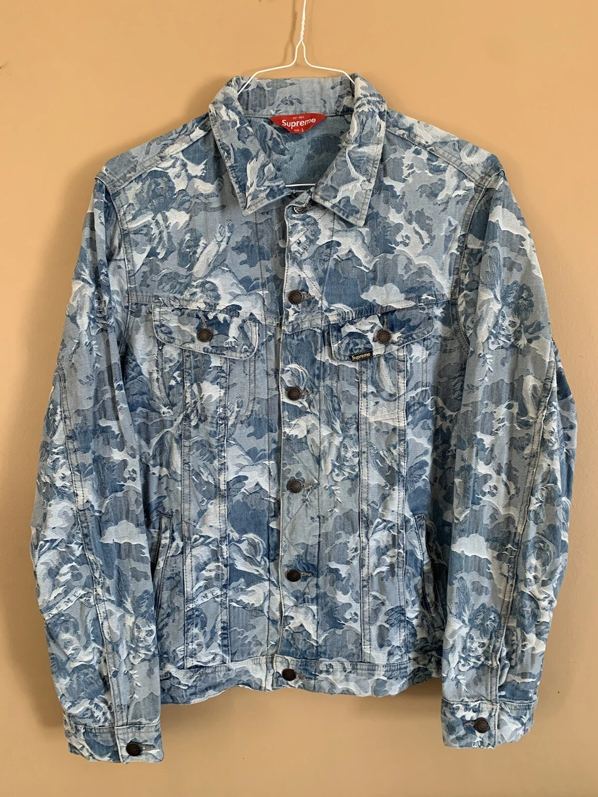 Veste camionneur en jean Supreme Cherub FW16 taille L bleu anges bouton universitaire