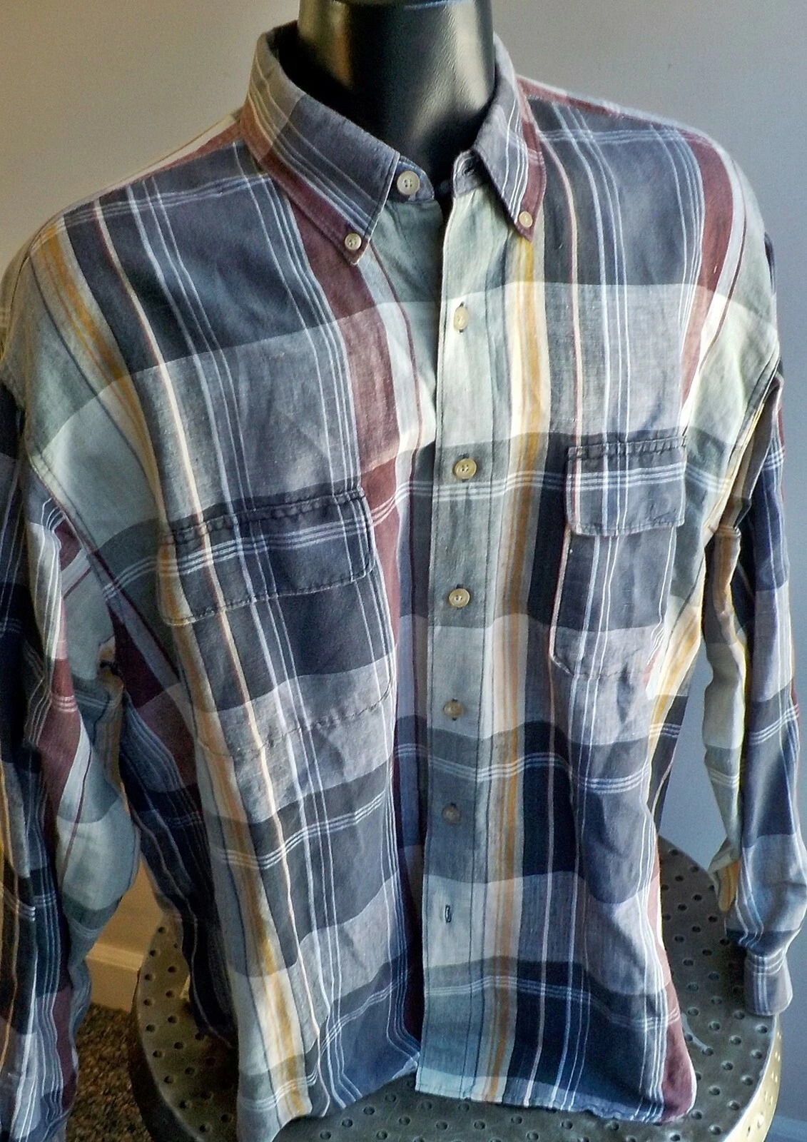 Eddie Bauer Linen Blend Button Down Shirt Striped Multicolor SZ XL