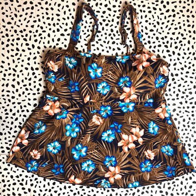 Lands End Brown Tropical Palm Flutter Scoop Neck SWIM TOP Tankini LARGE 529660