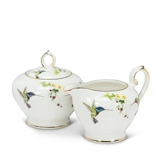 Hummingbird Cream and Sugar with Lid Bone China 10K Gold Accents White Beauty