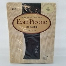 Vintage NOS Evan-Picone Fashion Collection Black Side Diamond Pantyhose Sz Long