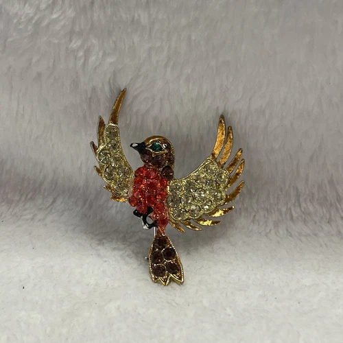 Vintage Brooch Pin Bird In Flight Gold Tone Multi Color Crystal Costume Jewelry