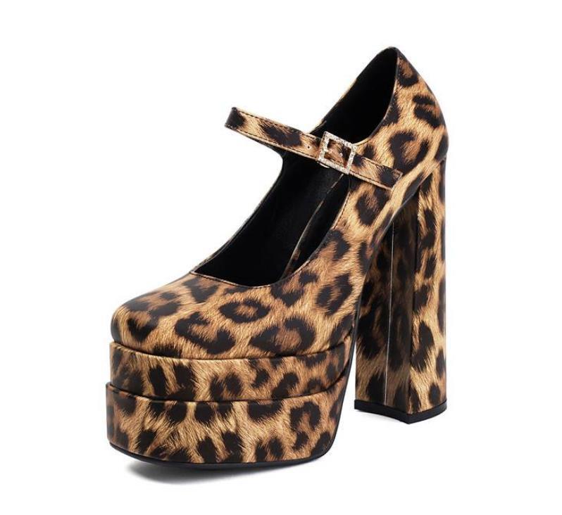 Women's Leopard Pattern Shoes High Block Heels Party Rhinestone