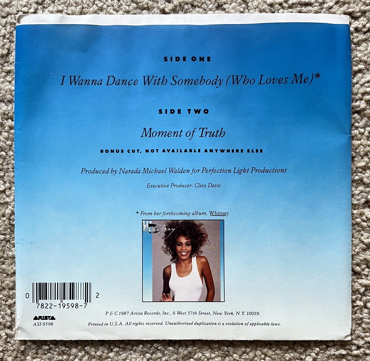 WHITNEY HOUSTON - I Wanna Dance with Somebody 7” 45rpm 1987 Arista