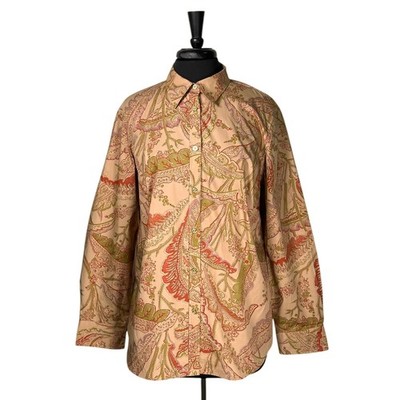 Chaps Ralph Lauren Womens 1X Paisley Floral Button Front Shirt Beige Cotton Top