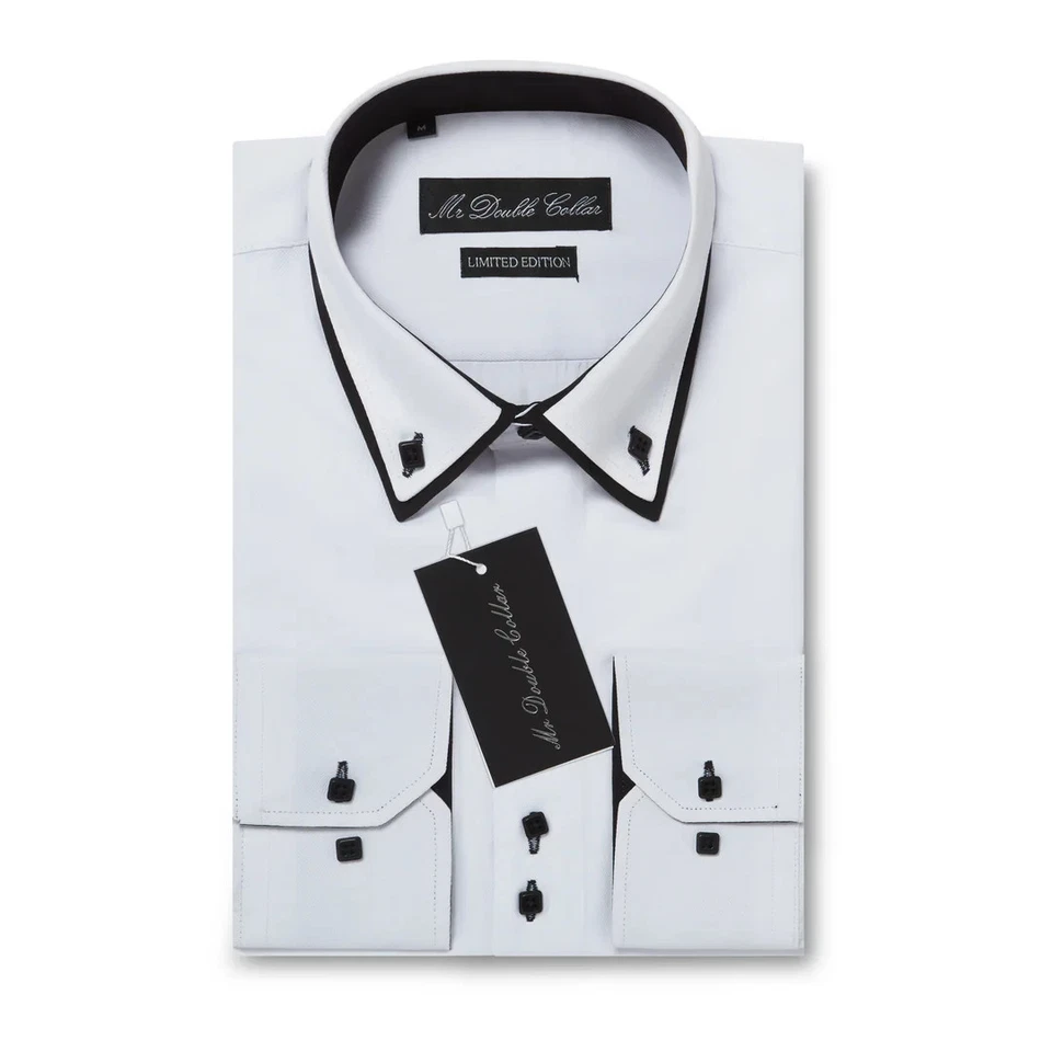Hommes Blanc Chemise Avec Collier Noir Smart Décontracté Habillé Manche Longue - Photo 1/1