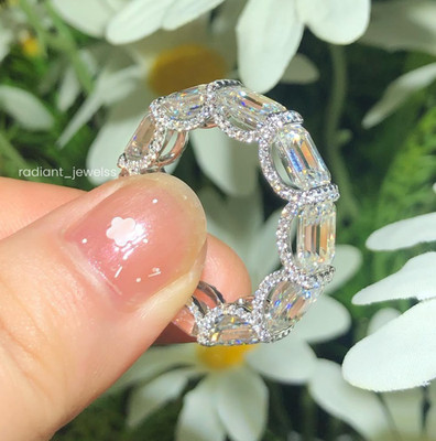 925 Silver East West Emerald Cut Moissanite Hidden Halo Wedding Band For Her