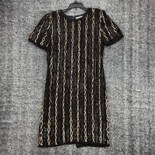 Adrianna Papell Size 6 Silk Evening Dress Black Gold Sequin Beaded Short Sleeve