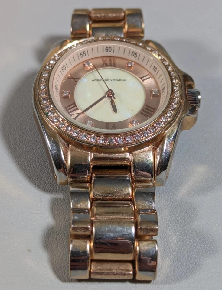 Adrienne Vittadini Pearlized Dial Crystal Accent Gold Tone Case Stainless Watch - Image 4 of 4
