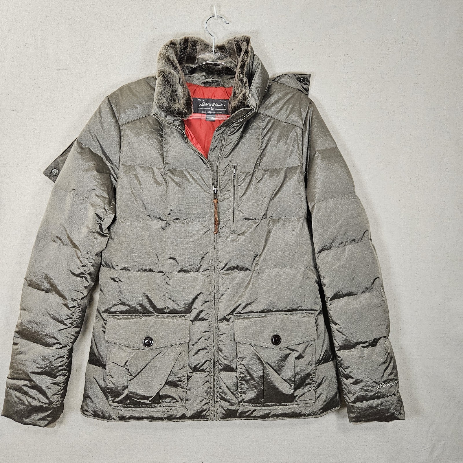 Eddie Bauer Women's T/Xl Silver/Gray Down Puffer Jacket Full Zip Faux Fur Collar