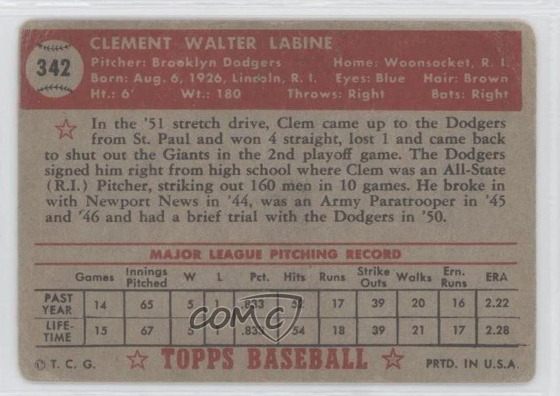 1952 Topps High # Clem Labine #342 Rookie RC - Image 2 of 2
