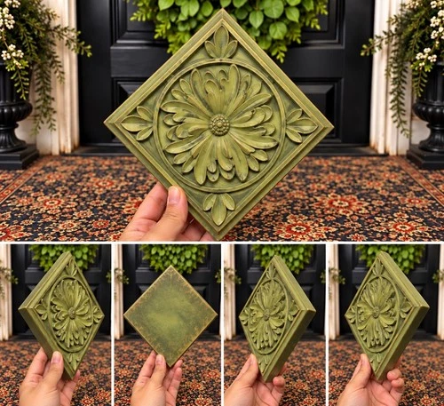 Green embossed floral ceramic tile trivet - product listing photo