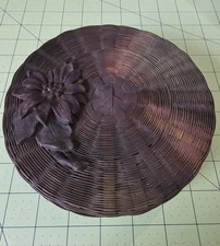 Antique Medium Woven Sewing Basket  W/ Carved Flower Lid