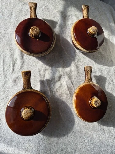 4 Vintage Hull USA Brown Drip Ware Oven Proof Soup Bowls With Lids French Onion