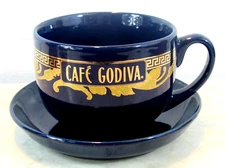 GODIVA Chocolatier Coffee Cocoa Mug & Saucer Set Oversized Cobalt w/ Gold Gild