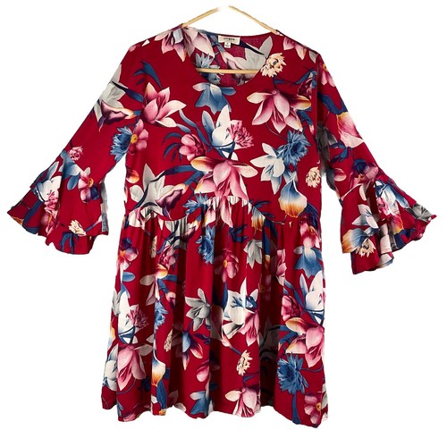 UMGEE Peasant Tunic Top Red Blue Floral High Waist Double Ruffle 3/4 Sleeves S