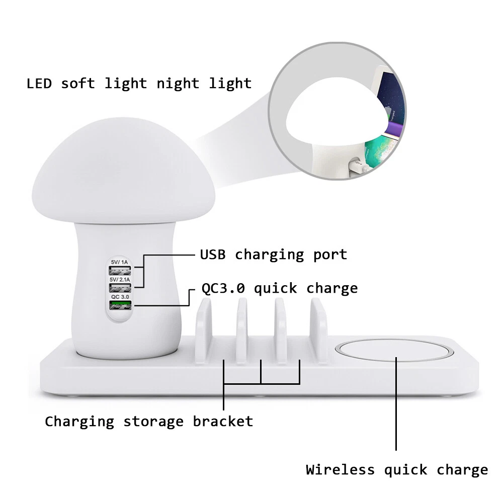 USB Hub 3 Ports Mushroom Lamp Charger Charging Station And Wireless Charging Pad USB Hub 3 Ports Mushroom Lamp Charger Charging Station And Wireless Charging Pad