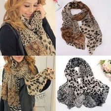 Women Ladies Leopard Print Soft Chiffon Shawl Neck Wrap Scarf Long 150*48