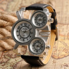 OULM Army Multifunktions Lederband drei Zeitzonen Outdoor Herren Armbanduhr