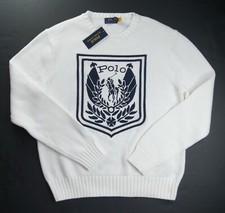 POLO RALPH LAUREN Men's White Crest Logo Embroidered Cotton Knit Sweater NWT