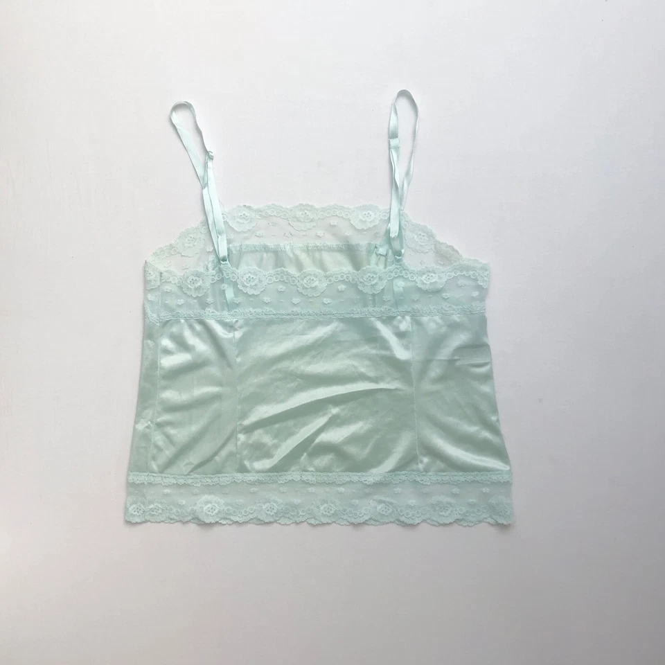 Camiseta sin mangas corta vintage de nailon verde aguamarina de encaje lencería con correa de espagueti M Foto 4 de 4