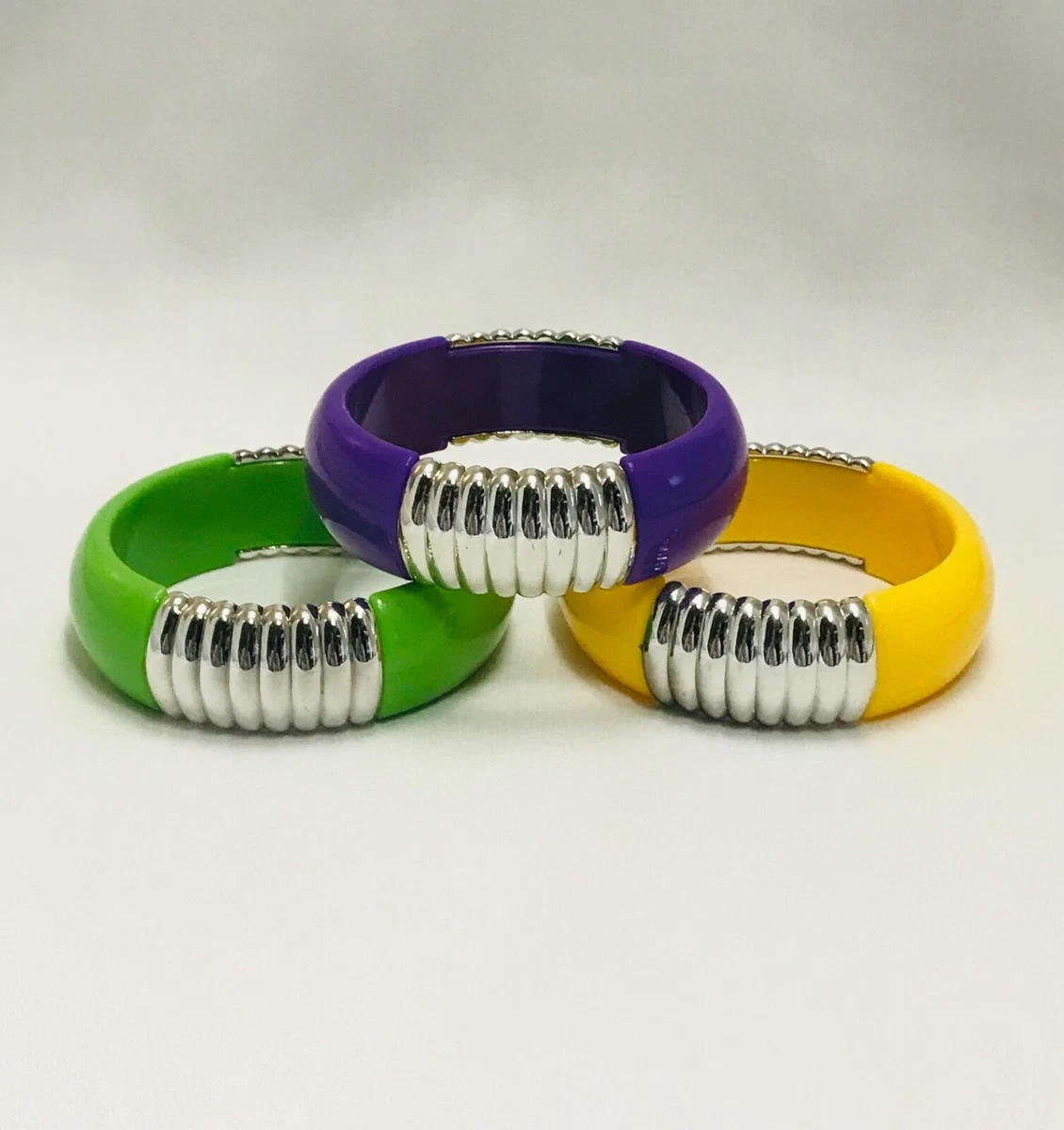 Wide Chunky 3 PC Plastic Bracelet Lot Silver Tone, Purple, Yellow, Green,  VTG 8”