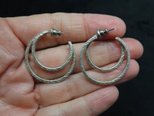 Vintage Silver Tone Embossed Design Spiral Hoop Pierced Earrings