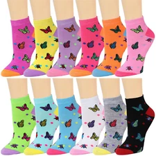 12 Pair Assorted Colors Butterfly Pattern Women Athletic Sport Ankle Socks 9-11