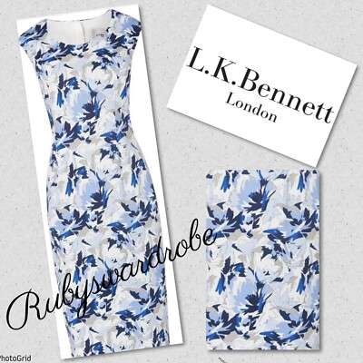L K Bennett  Dena  white/blue Floral  Occasion Work Office Evening Dress UK 14