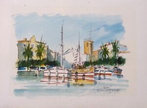 grande aquarelle originale Christian Ebel Bandol  1987 Var 