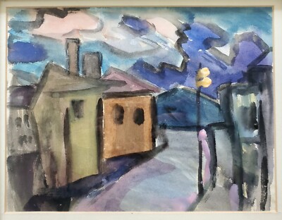 Gemälde Aquarell Landschaft Stadtansicht Nacht Gerda Henning Nachlass