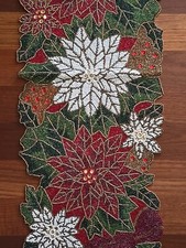Beaded Poinsettia Table Runner Holiday Christmas Traditions Red White Green