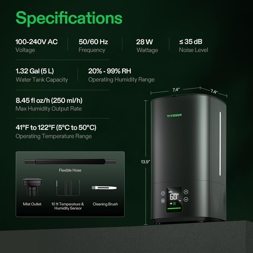 VIVOSUN AeroStream H05 5L Intelligent Wi-Fi Humidifier,With Temp &Humidity Probe - Picture 2 of 8