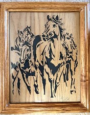 WILD HORSES  11"x14" Handmade Scroll Saw Carved Art  16"x13" w/ Frame  Glass