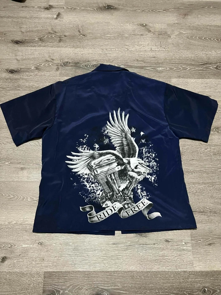 Camisa De Colección Sin Límites Talla XL Azul Águila Motocicleta Paseo Libre Sedosa Abotonada Foto 3 de 4