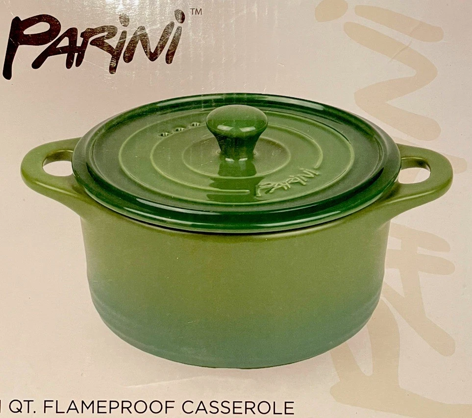 PARINI~ 1 QUART FLAMEPROOF CASSEROLE w/LID~GREEN ~NEW IN BOX