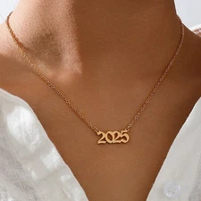 Sparkling Gold '2025' Art Digital Pendant Necklace Lobster w/Extended Chain