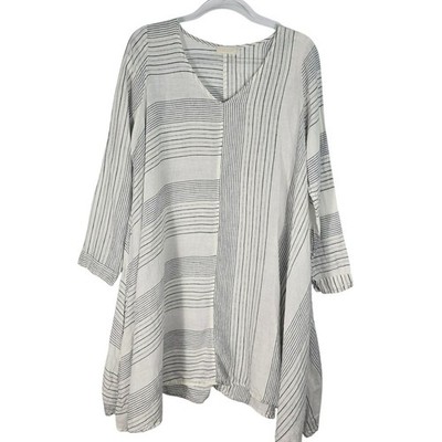 CP Shades Linen Oversized V Neck Dress Tunic Coastal White Blue Stripe Shift S