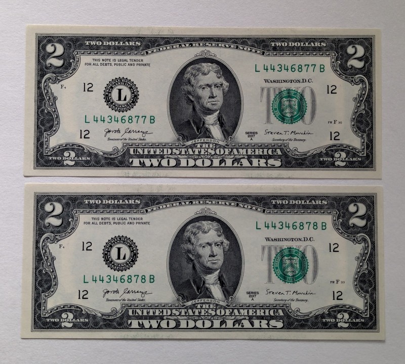 US Two Dollars, 2017 A, 2 Sequential $2 Bills, Uncirculated