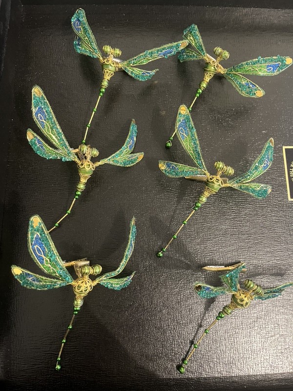 VTG Dragon Fly Ornament  Set of 6 Decoration Teal / Blue/Gold ~ Clip On