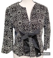 Bandolino Embroidered Jacket Top Linen Blend Size 8P Black/White