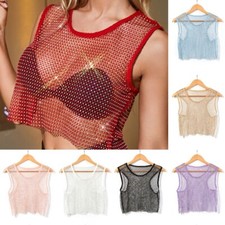 Débardeur Court En Réseau Avec Rhinestones Pour Femmes, Transparent, Sexy, Club