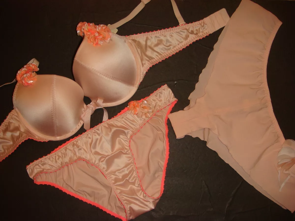 AERIE 36C BRA SET S panty M shorts Peach Nude Satin Flower applique Orange Pink
