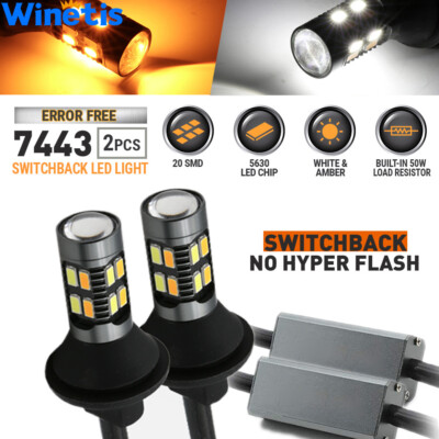 2Pc 7443 7440 T20 LED Turn Signal Switchback White/Amber DRL Parking Light Bulbs