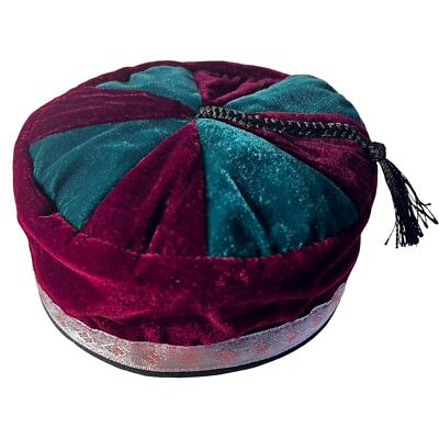 Size 56cm, small, Handmade Nepalese maroon and deep green velvet Smoking Cap