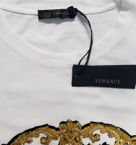 NEW VERSACE EMBROIDERY and CRYSTAL EMBELLISHED T-SHIRT in WHITE 