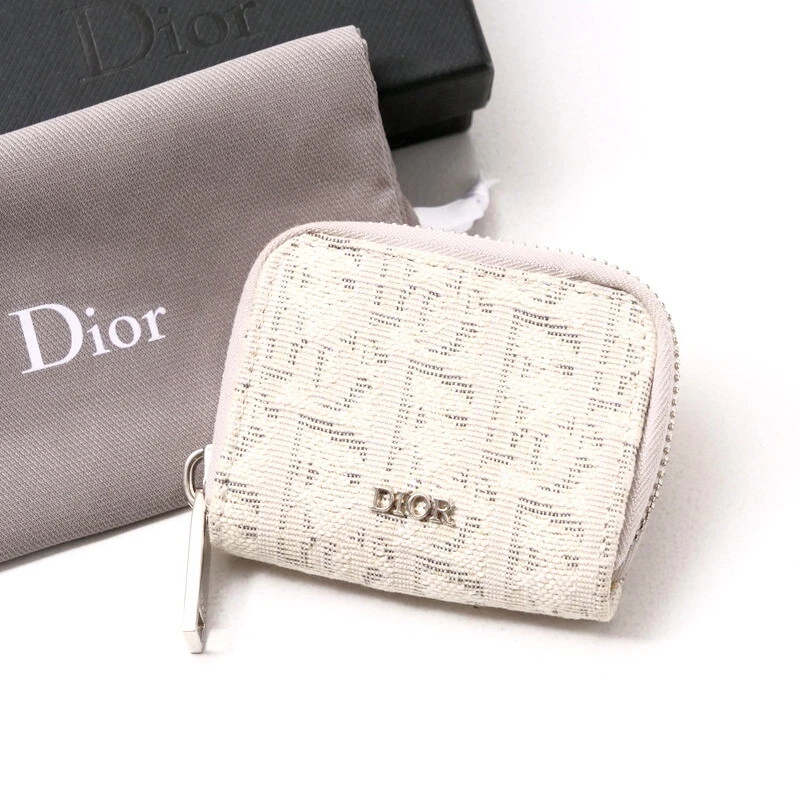 Etui à monnaie Dior trotteur jacquard beige clair fabriqué en Italie tissu de marque...