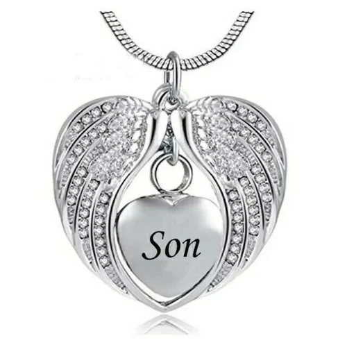 Son Angel Wing Heart Cremation Urn Pendant Ashes Necklace Funeral Memorial UK .